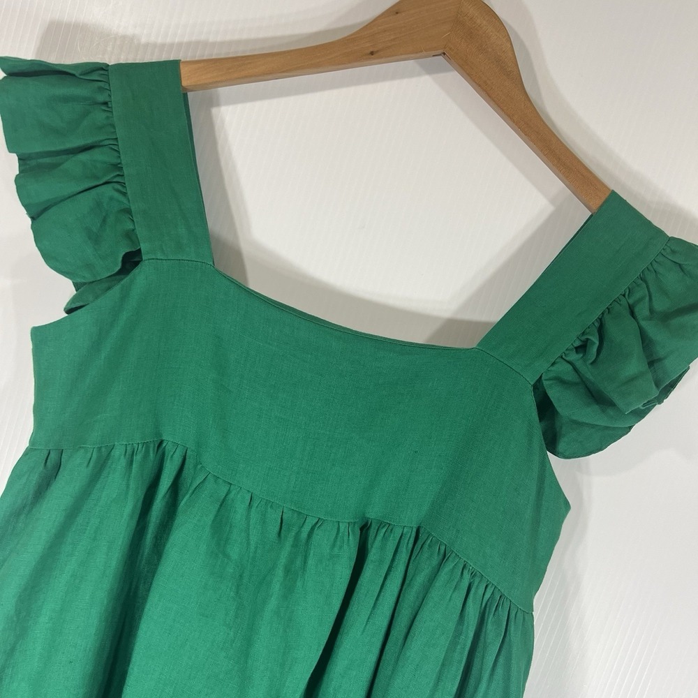 BEULAH Babydoll Mini Dress Size Small Green Ruffle Sleeve Lined Cotton Blend NEW
